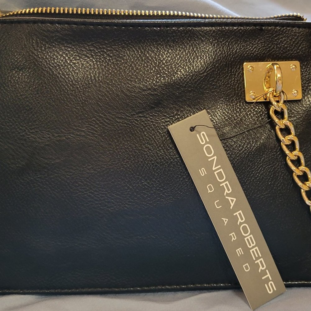 Sondra Roberts Squared Faux Black Leather/Fur Clutch w/Gold Hardware